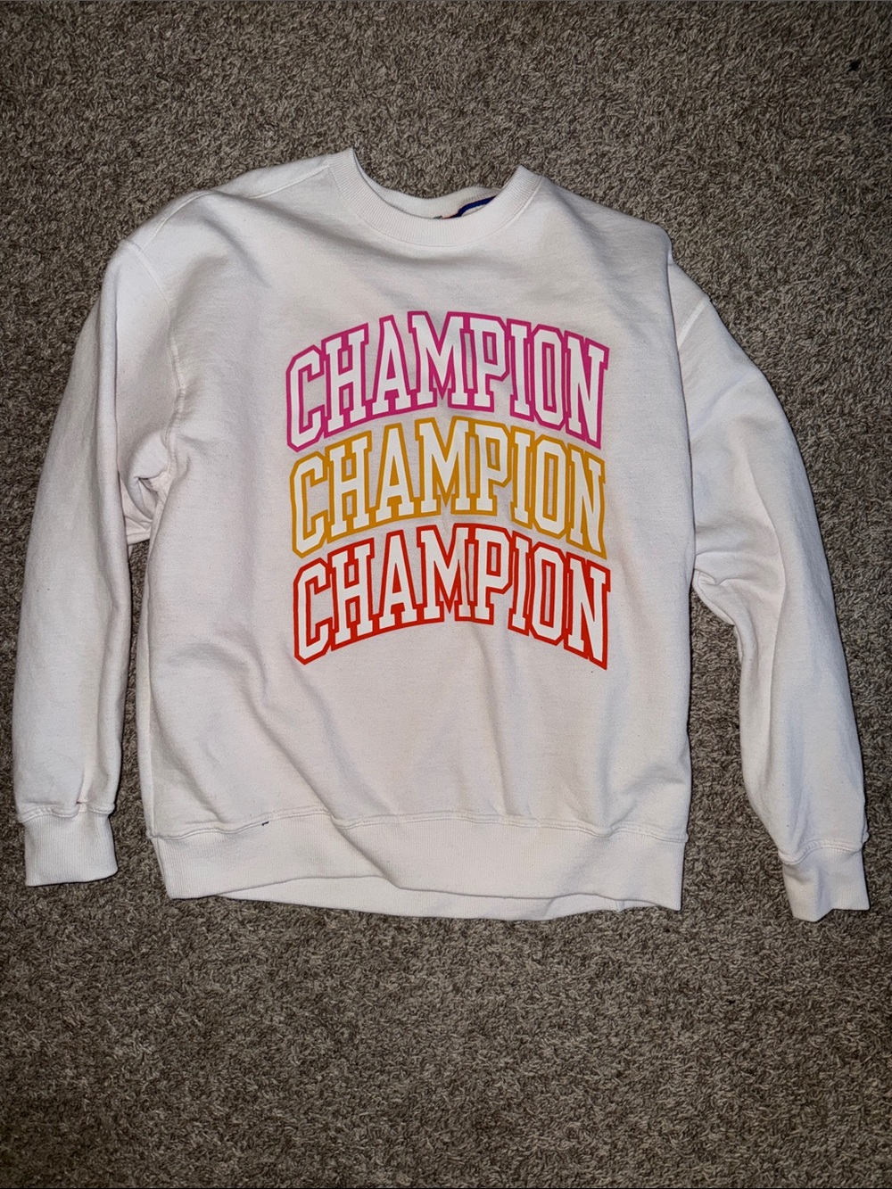 Champion White Crewneck Sweatshirt with Pink, Yellow, and Orange Logo